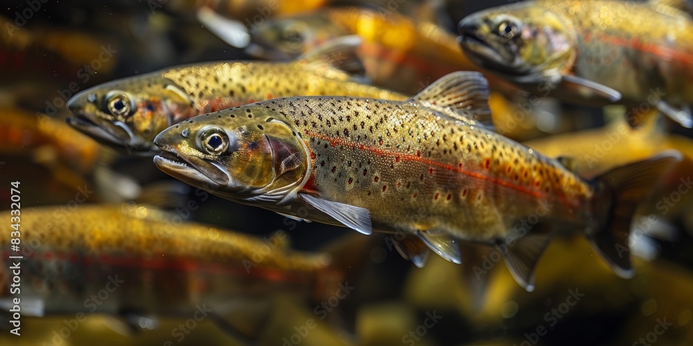 A vivid underwater scene featuring a school of colorful trout swimming harmoniously, showcasing their vibrant scales and intricate patterns in a natural habitat A vivid underwater scene featuring a school of colorful trout swimming harmoniously, showcasing their vibrant scales and intricate patterns in a natural habitat