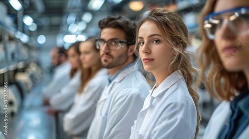 A diverse group of focused scientists wearing white lab coats and safety glasses working in a state-of-the-art laboratory environment