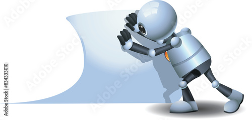 3D illustration of a little robot  pushing paper edge on isolated white background