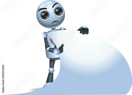 3D illustration of a little robot  pulling paper edge on isolated white background
