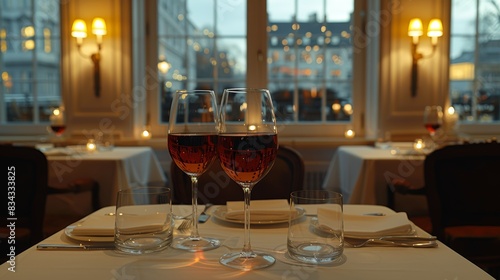 A beautifully set table for two with elegantly placed wine glasses and plates awaits guests in a cozy, ambient restaurant setting with warm lighting