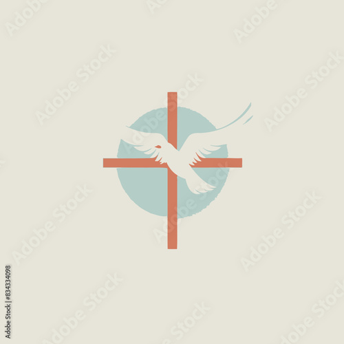 Cross with a Dove in Flight Logo   Christian, Religion, Symbol, Emblem, Icon