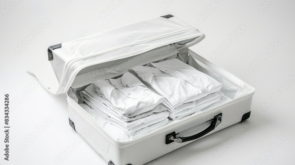 A white suitcase partially opened to reveal neatly folded clothes, with room beside it for adding a message or logo A white suitcase partially opened to reveal neatly folded clothes, with room beside it for adding a message or logo