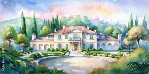 Luxurious mansion in Beverly Hills captured in a beautiful watercolor painting, luxury, mansion, Beverly Hills, California, watercolor, painting, architecture, upscale, elegant, wealthy photo