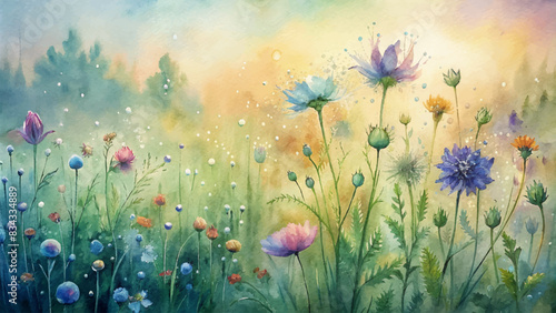 Watercolor background of wildflowers glistening in morning dew