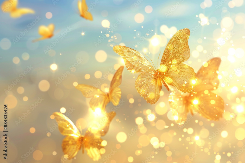 gold butterflies flying in the sky with soft bokeh glittering background, elegant look gold butterflies flying in the sky with soft bokeh glittering background, elegant look