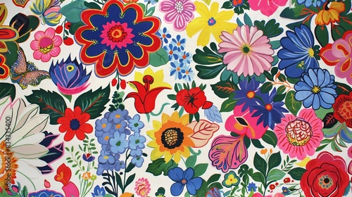 Colorful floral pattern featuring various types of flowers and leaves. The design includes large, detailed flowers in vibrant colors like red, blue, pink, and yellow, complemented by green leaves.