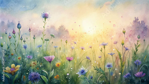 Watercolor background of wildflowers glistening in morning dew