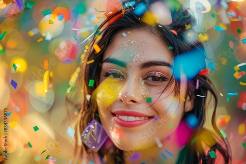 beautiful Latina woman enjoying Barranquilla carnival , blurred confetti background , selective focus © Sattawat