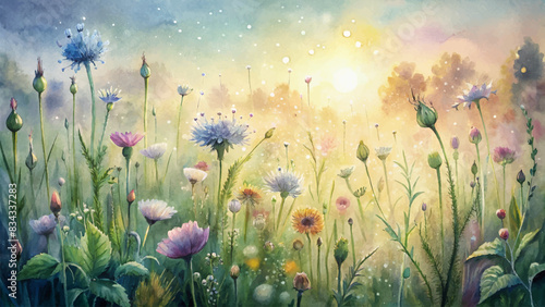 Watercolor background of wildflowers glistening in morning dew