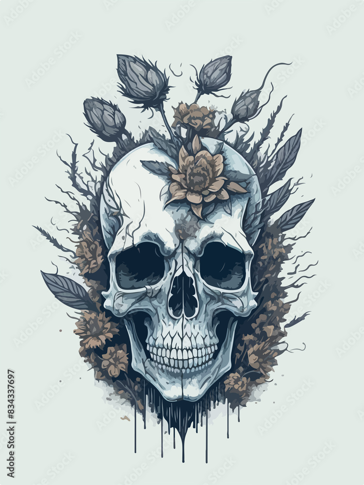 Fototapeta premium An ancient skull adorned with black and white flowers exudes a haunting beauty.