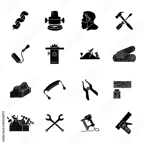 black hand drawn woodworking icon set