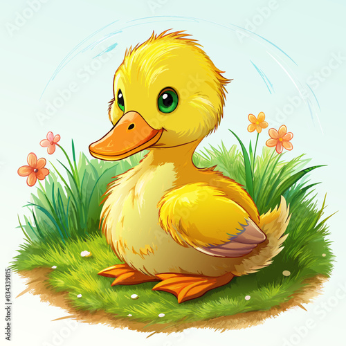 a watercolor style illustration of a cute duckling sitting on the grass - Generative AI
