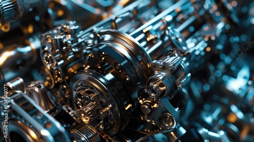 Close-up view of a car engine showcasing intricate mechanical details and the metallic texture of machinery parts.