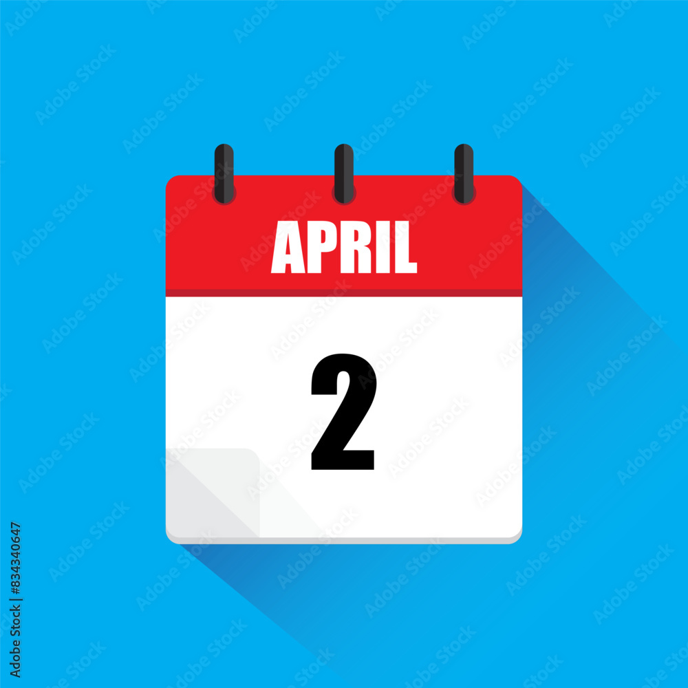 April second calendar. Red white vector. Blue background icon. Long shadow illustration. April second calendar. Red white vector. Blue background icon. Long shadow illustration.