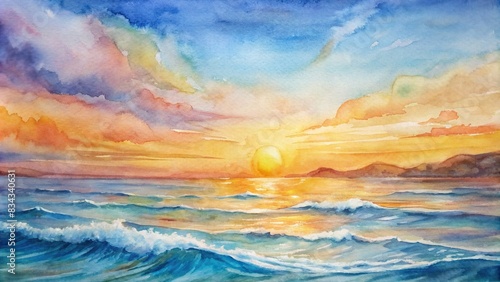 Tranquil watercolor painting of sunset over coastal landscapes with ocean waves and sunrise horizons , beach, sunset, serenity, coastal, evening, waves, sunrise, horizon, beauty, landscapes