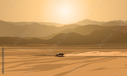 A car running through desert with dust trail