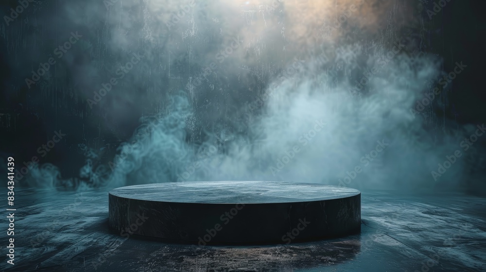 A dark, moody backdrop with a circular platform and smoky blue lighting. Perfect for product displays. A dark, moody backdrop with a circular platform and smoky blue lighting. Perfect for product displays.