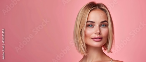 banner of beautiful blond haired model in a frontal portrait pose, very minimal and professional