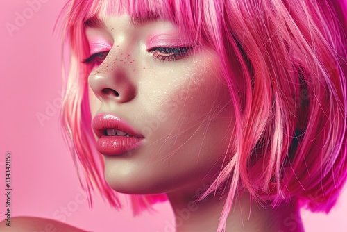 Beautiful young woman with pink hair  bob cut  bangs  wearing pink colors  in the style of fashion photography  magazine cover.