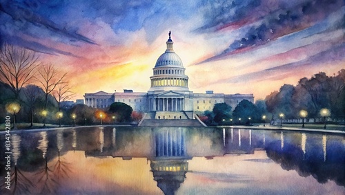 Panorama of the US Capitol at dusk with Reflecting Pool in foreground, watercolor painting, Capitol Building, Washington DC, evening light, panorama, reflection, United States photo