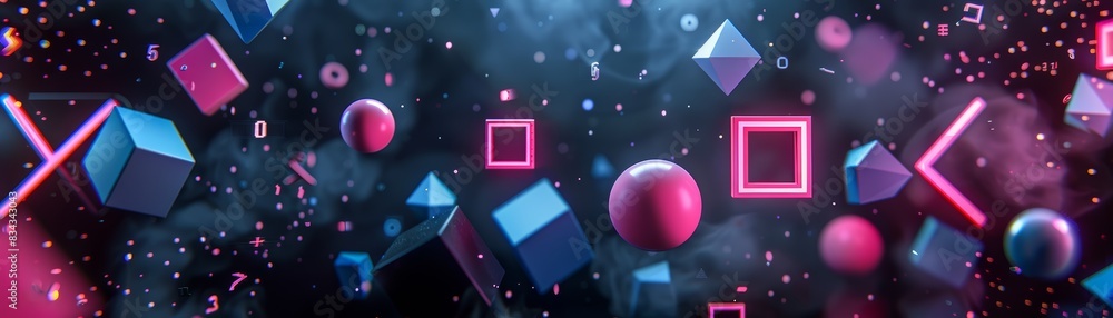 Abstract background with glowing geometric shapes and spheres in a dark space. Abstract background with glowing geometric shapes and spheres in a dark space.