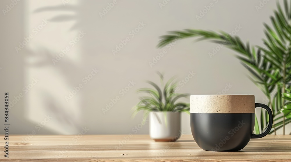 A stylish coffee cup on a desk, with a clean area on the desk surface for inserting text or graphics A stylish coffee cup on a desk, with a clean area on the desk surface for inserting text or graphics