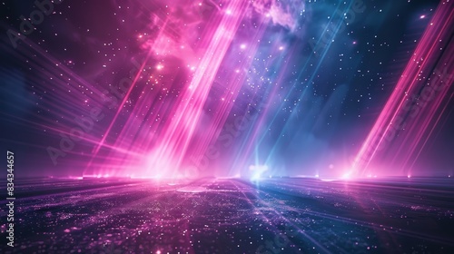Abstract cosmic landscape with vibrant pink and blue light beams.  A futuristic and ethereal backdrop. photo