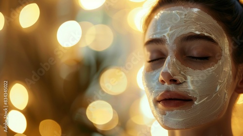 Portrait of a Woman with a Hydrating Facial Mask on Her Face Surrounded by Glowing Lights in a Beauty Salon
