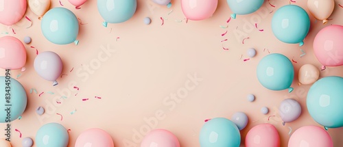 colorful birthday party balloon background with light pastel colors and some free space, excellent depth and volume 