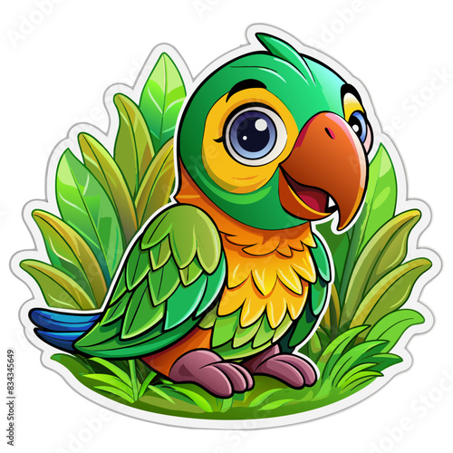 a watercolor style illustration of a cute parrot sitting on the grass - Generative AI