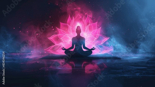 Silhouette of a meditating person with a glowing pink lotus flower behind them.