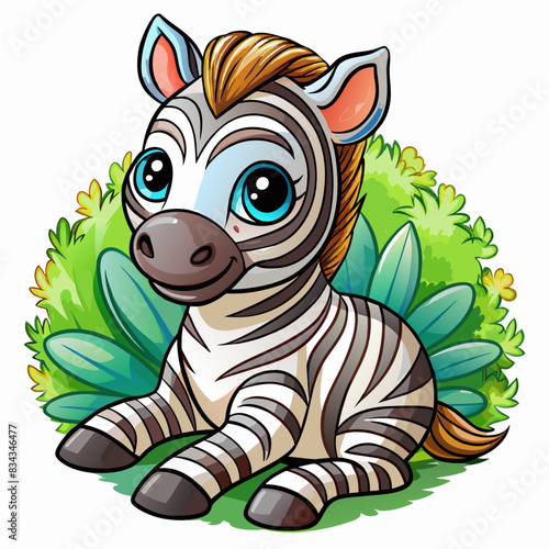 a watercolor style illustration of a cute zebra sitting on the grass - Generative AI 