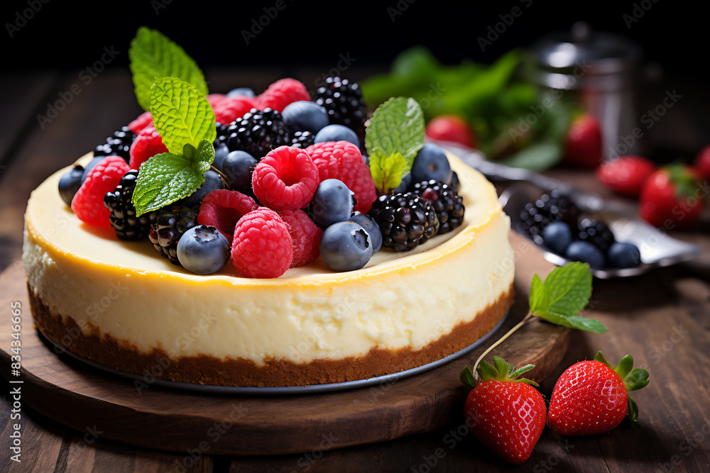 Cheesecake with fresh berries on a wooden background. Selective focus. Cheesecake with fresh berries on a wooden background. Selective focus.