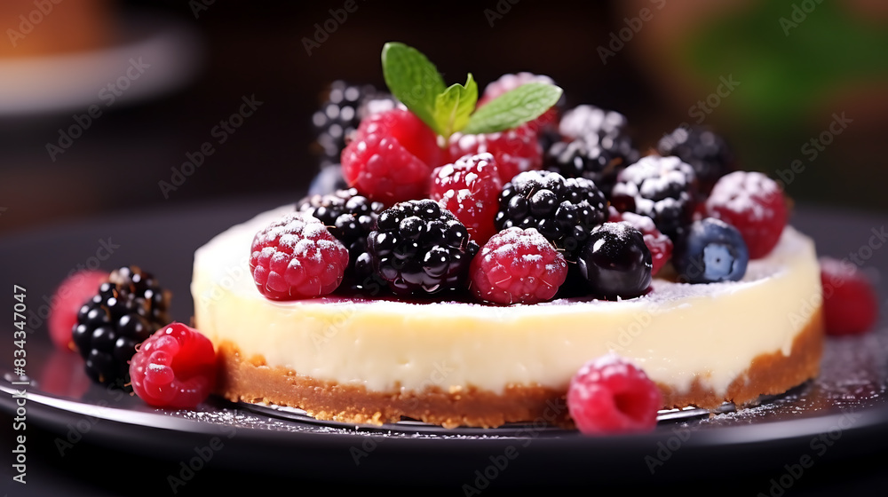 Cheesecake with fresh berries on a wooden background. Selective focus. Cheesecake with fresh berries on a wooden background. Selective focus.
