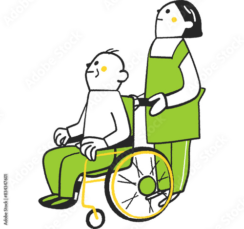 空を見上げる車椅子の老人と介護者　イラスト素材
