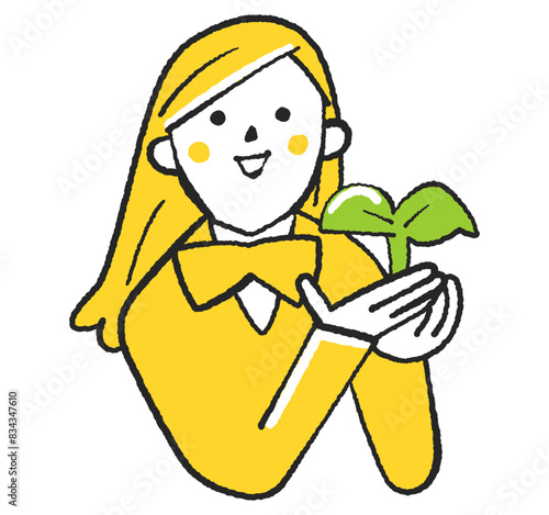 まだ未熟な若い芽を手に持つ笑顔の女子学生　イラスト素材
