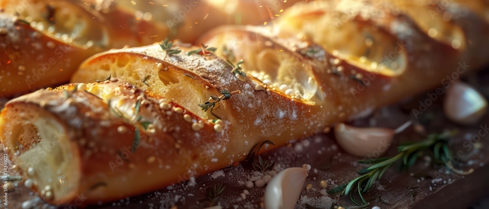 garlic bread banner, photo-realistic close up with delicious details garlic bread banner, photo-realistic close up with delicious details