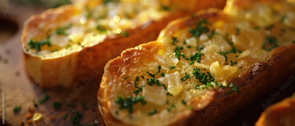 garlic bread banner, photo-realistic close up with delicious details garlic bread banner, photo-realistic close up with delicious details
