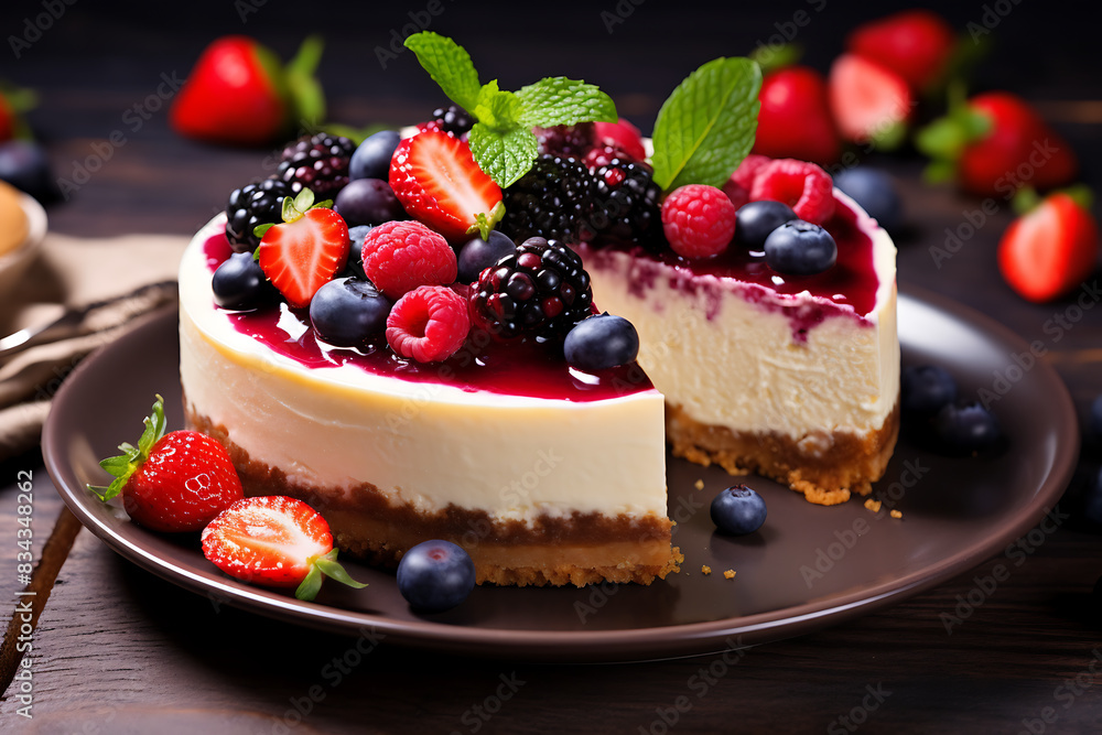 Cheesecake with fresh berries and mint on a dark wooden background Cheesecake with fresh berries and mint on a dark wooden background