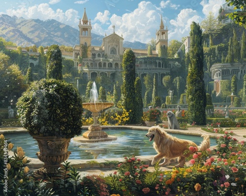In a grand castles sprawling gardens a Golden retriever and blue Maine Coon chase each other around topiaries and fountains photo