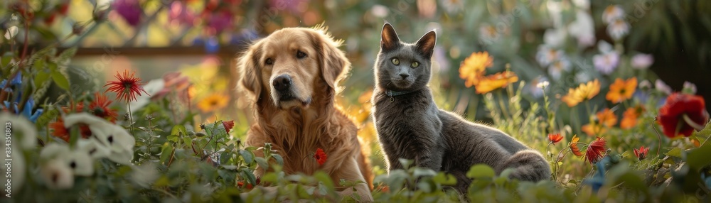 In a lush garden a panting Golden retriever and a poised blue Maine Coon are surrounded by colorful flowers In a lush garden a panting Golden retriever and a poised blue Maine Coon are surrounded by colorful flowers