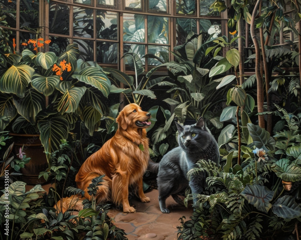 Obraz premium In a lush greenhouse a Golden retriever and blue Maine Coon explore tropical plants