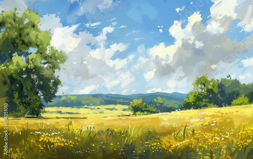 Watercolored summer landscape with hills mountains and long grass