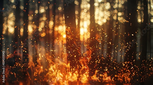 campfire burning in a forest, warm glow, crackling flames, close up, focus on, copy space, Double exposure silhouette with trees