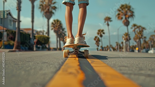boy on skateboard, walking down the street in California beach style city. Vintage and retro mood with pastel colors and sunny sky © Sattawat