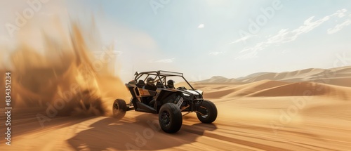 wallpaper of a buggy driving fast in sand dunes, very dynamic and photographic imagery
