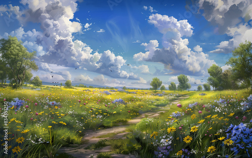 Watercolored summer landscape with hills mountains and long grass