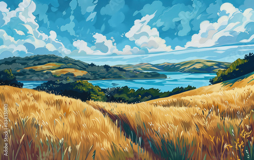 Watercolored summer landscape with hills mountains and long grass