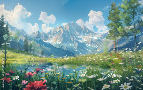 Watercolored summer landscape with hills mountains and long grass